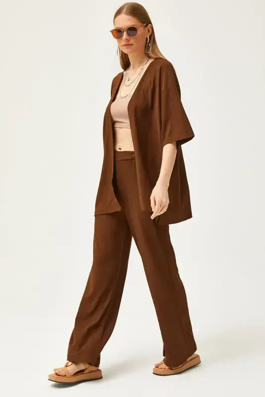 Women Bitter Coffee Top Kimono Bottom Pants Suit TKM- - 1