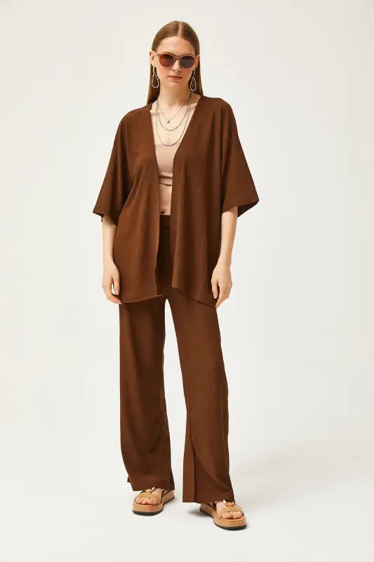 Women Bitter Coffee Top Kimono Bottom Pants Suit TKM- - 2