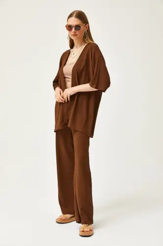 Women Bitter Coffee Top Kimono Bottom Pants Suit TKM- - 4