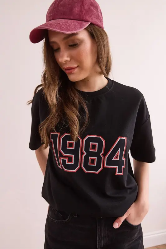 Women Black 1984 Printed Relaxed Fit 2 Thread T-shirt T - 3