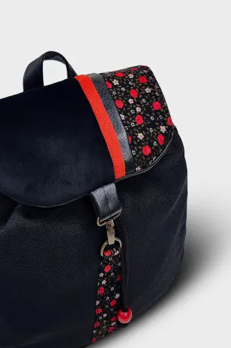 Women Black Backpack-BlackRedFlower - 3