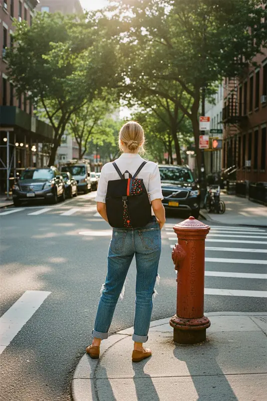 Women Black Backpack-BlackRedFlower - 4