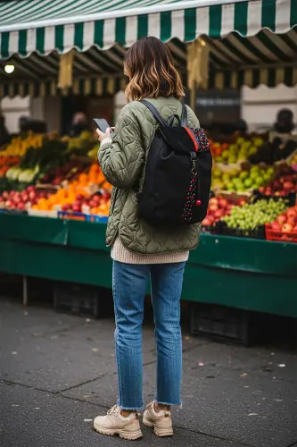Women Black Backpack-BlackRedFlower - 5