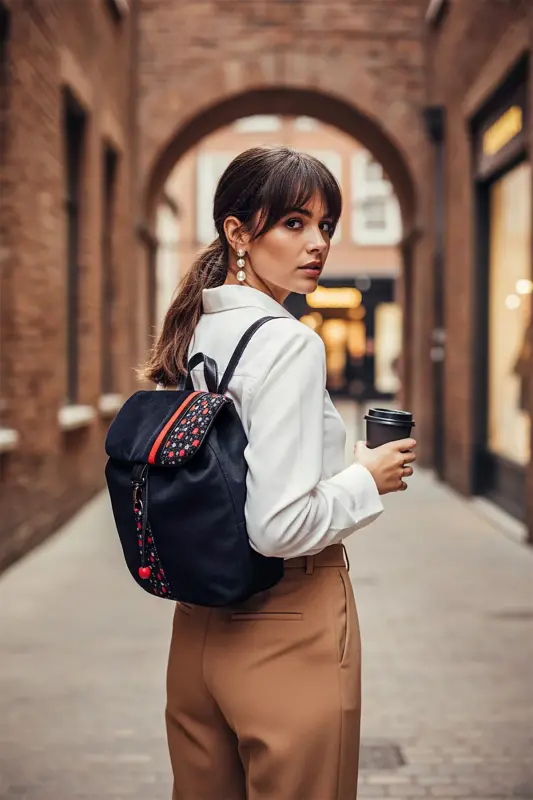 Women Black Backpack-BlackRedFlower - 5