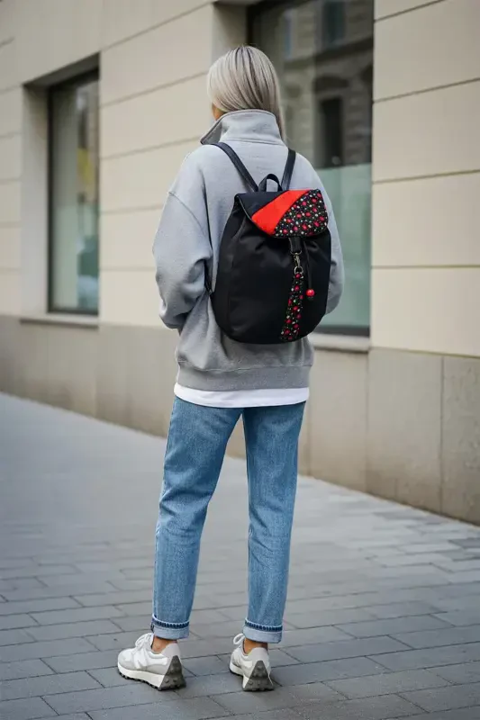 Women Black Backpack-BlackRedFlower2 - 2