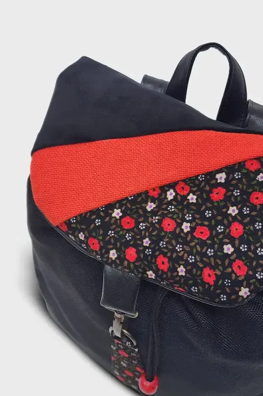 Women Black Backpack-BlackRedFlower2 - 3
