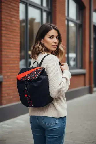 Women Black Backpack-BlackRedFlower2 - 4