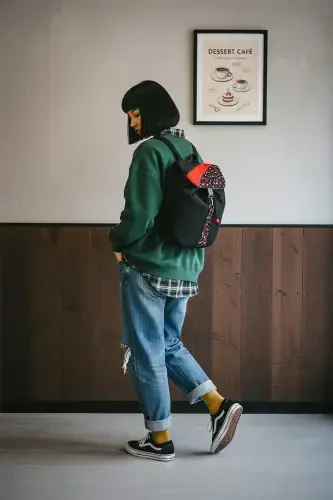 Women Black Backpack-BlackRedFlower2 - 6