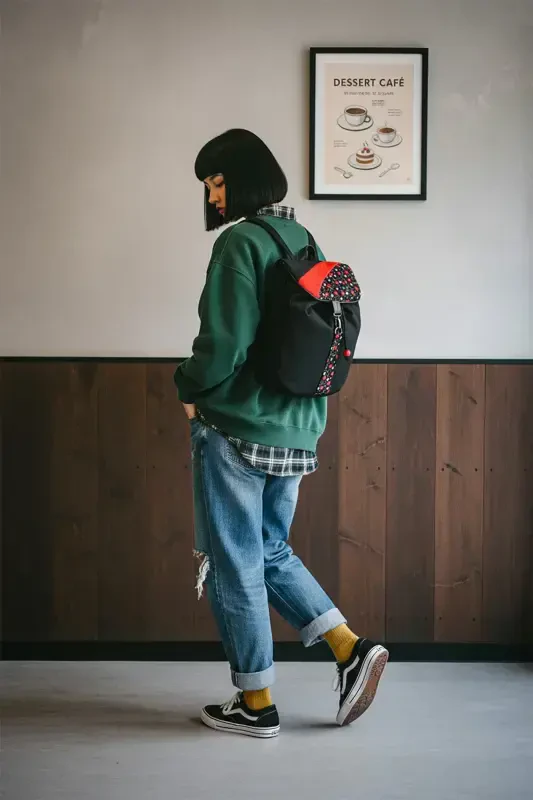 Women Black Backpack-BlackRedFlower2 - 6