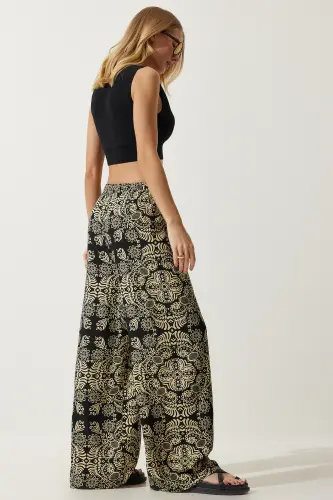 Women Black Beige Patterned Raw Linen Palazzo Pants BH00397-Black Beige - HAPPINESS İSTANBUL (1)