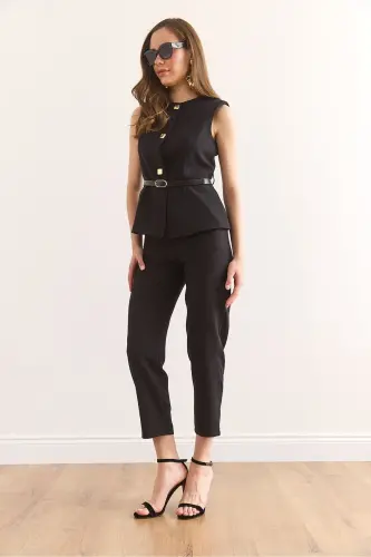 Women Black Belted Vest Trousers Suit TKM-19000 - 5