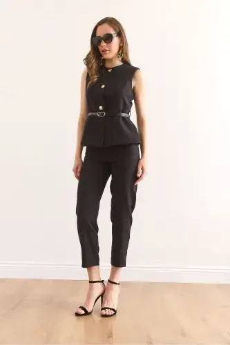 Women Black Belted Vest Trousers Suit TKM-19000 - OLALOOK (1)