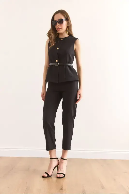 Women Black Belted Vest Trousers Suit TKM-19000 - 2