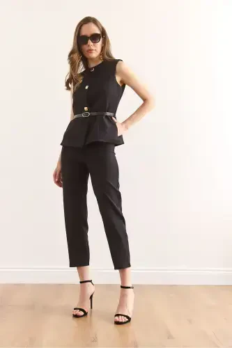Women Black Belted Vest Trousers Suit TKM-19000 - 3