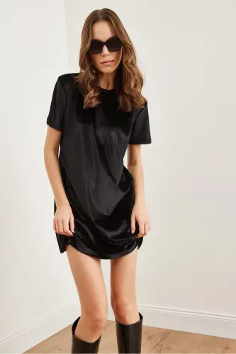 Women Black Bicycle Collar Basic Mini Velvet Dress - 4