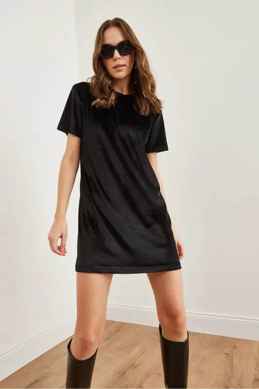 Women Black Bicycle Collar Basic Mini Velvet Dress - 5