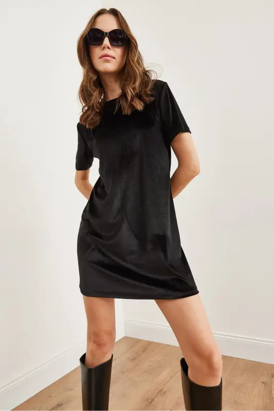 Women Black Bicycle Collar Basic Mini Velvet Dress - 6