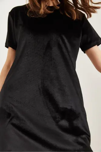 Women Black Bicycle Collar Basic Mini Velvet Dress - 8