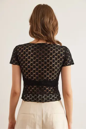 Women Black Bottom Asymmetric Lace Blouse BLZ-1900288 - OLALOOK (1)