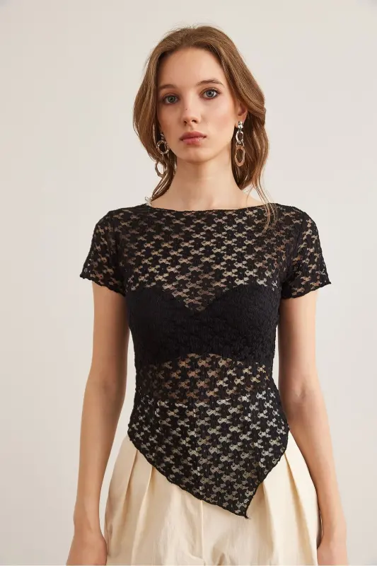 Women Black Bottom Asymmetric Lace Blouse BLZ-1900288 - 3