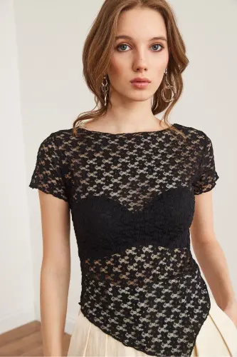 Women Black Bottom Asymmetric Lace Blouse BLZ-1900288 - 5
