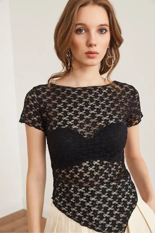 Women Black Bottom Asymmetric Lace Blouse BLZ-1900288 - 5