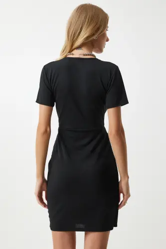 Women Black Brooch Detail Wrap Neck Mini Woven Dress DE00032-Black - 5