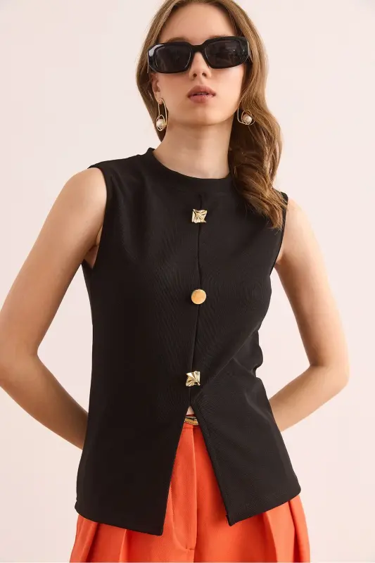 Women Black Button Detailed Ribbed Blouse BLZ-1900290 - OLALOOK