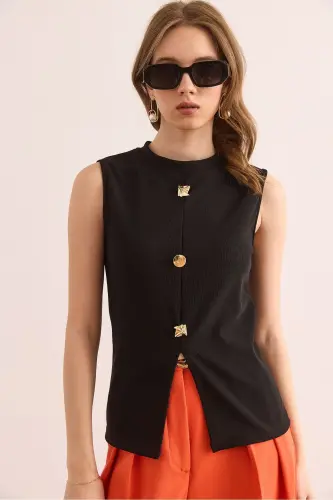 Women Black Button Detailed Ribbed Blouse BLZ-1900290 - OLALOOK (1)