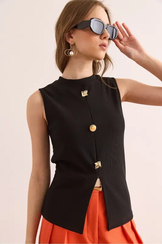 Women Black Button Detailed Ribbed Blouse BLZ-1900290 - 5