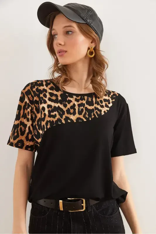 Women Black Collar Leopard Detailed Knitted Viscose T-shirt - OLALOOK