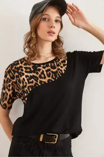 Women Black Collar Leopard Detailed Knitted Viscose T-shirt - 3