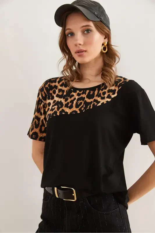 Women Black Collar Leopard Detailed Knitted Viscose T-shirt - 4