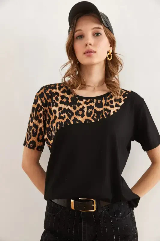 Women Black Collar Leopard Detailed Knitted Viscose T-shirt - 5
