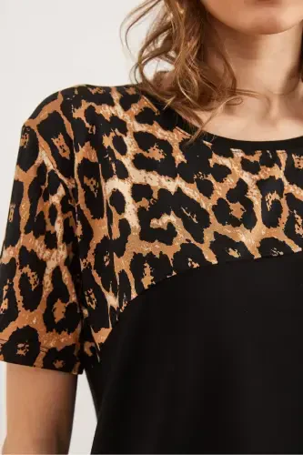 Women Black Collar Leopard Detailed Knitted Viscose T-shirt - 6