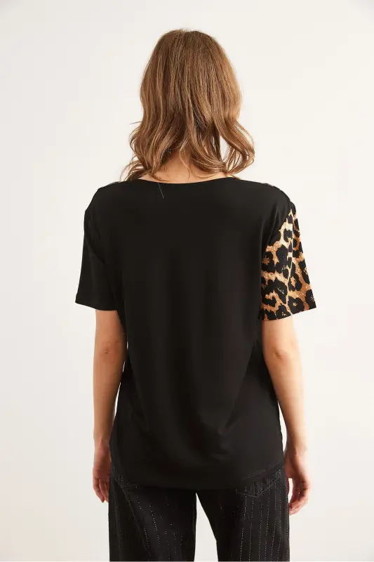 Women Black Collar Leopard Detailed Knitted Viscose T-shirt - 5
