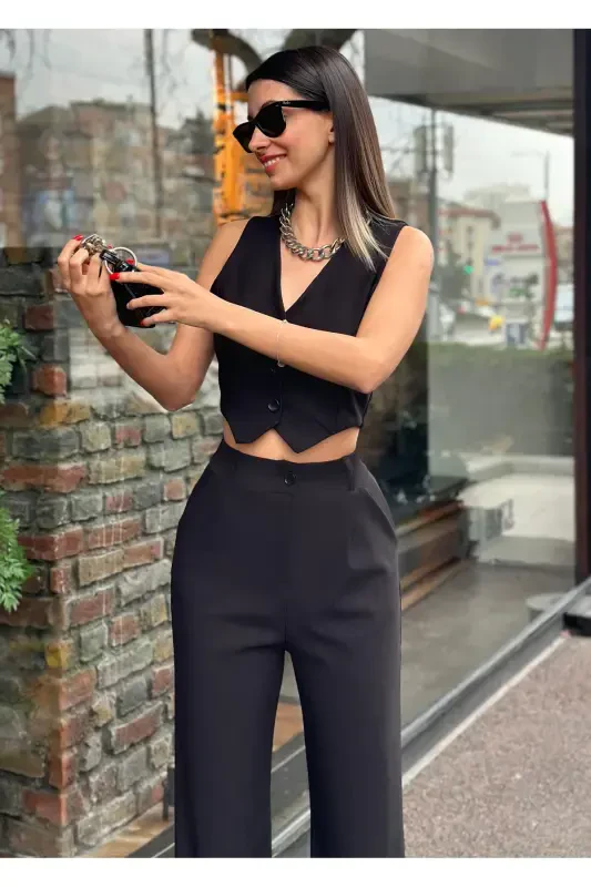Women Black Crepe Fabric Vest High Waist Pants Suit-BLACK - 1