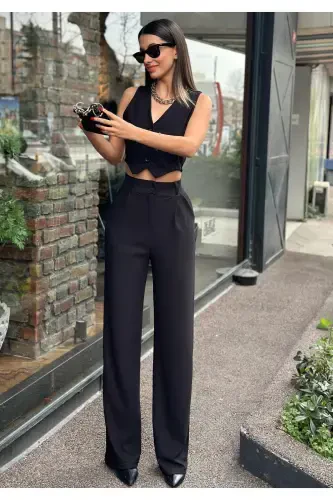 Women Black Crepe Fabric Vest High Waist Pants Suit-BLACK - 3