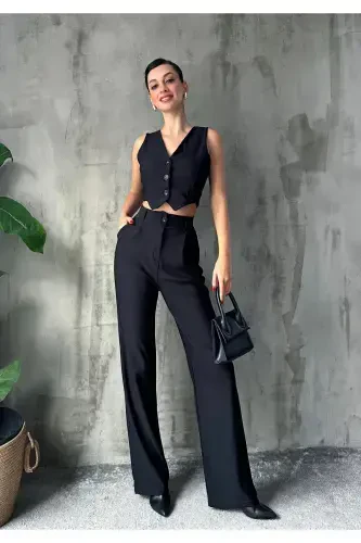 Women Black Crepe Fabric Vest High Waist Pants Suit-BLACK - 4