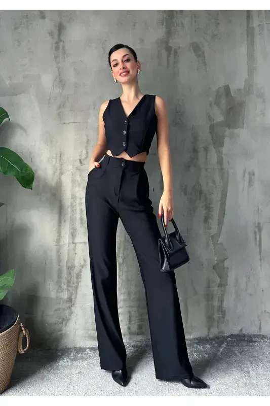 Women Black Crepe Fabric Vest High Waist Pants Suit-BLACK - 4