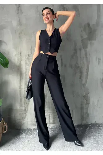 Women Black Crepe Fabric Vest High Waist Pants Suit-BLACK - 5