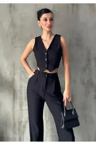 Women Black Crepe Fabric Vest High Waist Pants Suit-BLACK - 6