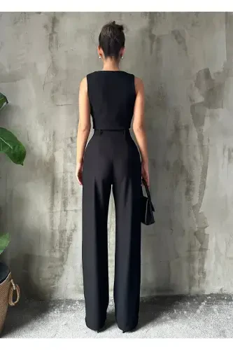 Women Black Crepe Fabric Vest High Waist Pants Suit-BLACK - 7