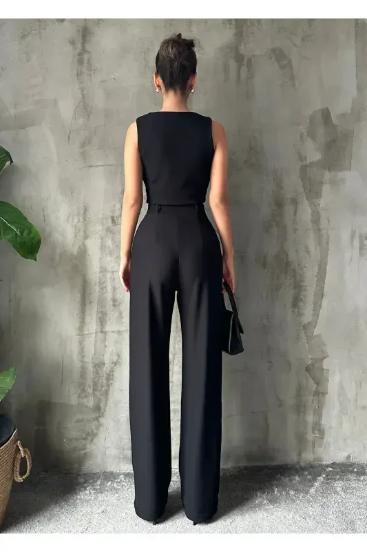 Women Black Crepe Fabric Vest High Waist Pants Suit-BLACK - 7