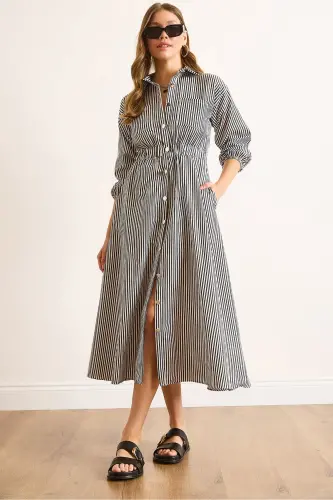 Women Black Elastic Waist Pocketed Maxi Shirt Dress ELB-19002398-Black - 1