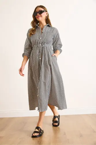 Women Black Elastic Waist Pocketed Maxi Shirt Dress ELB-19002398-Black - OLALOOK (1)