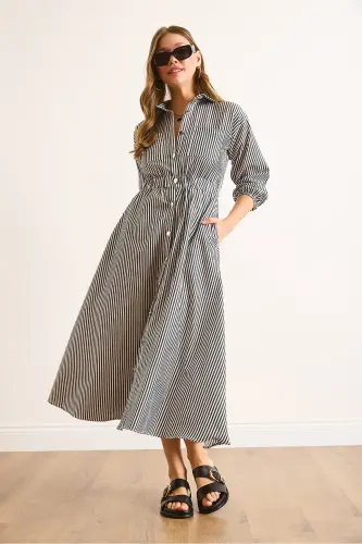 Women Black Elastic Waist Pocketed Maxi Shirt Dress ELB-19002398-Black - 3