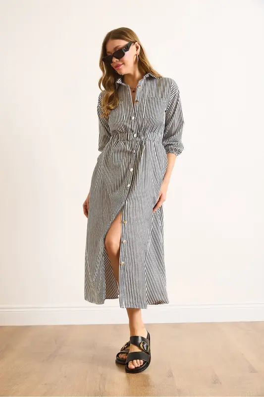 Women Black Elastic Waist Pocketed Maxi Shirt Dress ELB-19002398-Black - 4