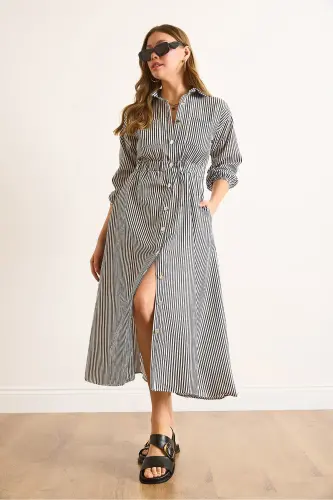 Women Black Elastic Waist Pocketed Maxi Shirt Dress ELB-19002398-Black - 5