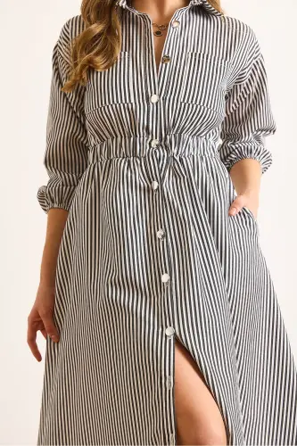 Women Black Elastic Waist Pocketed Maxi Shirt Dress ELB-19002398-Black - 6